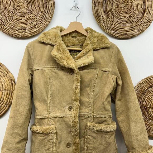 Vintage Y2K 2000s Mudd Beige Tan Faux Fur Lined Leather Jacket Coat Small - Picture 4 of 9
